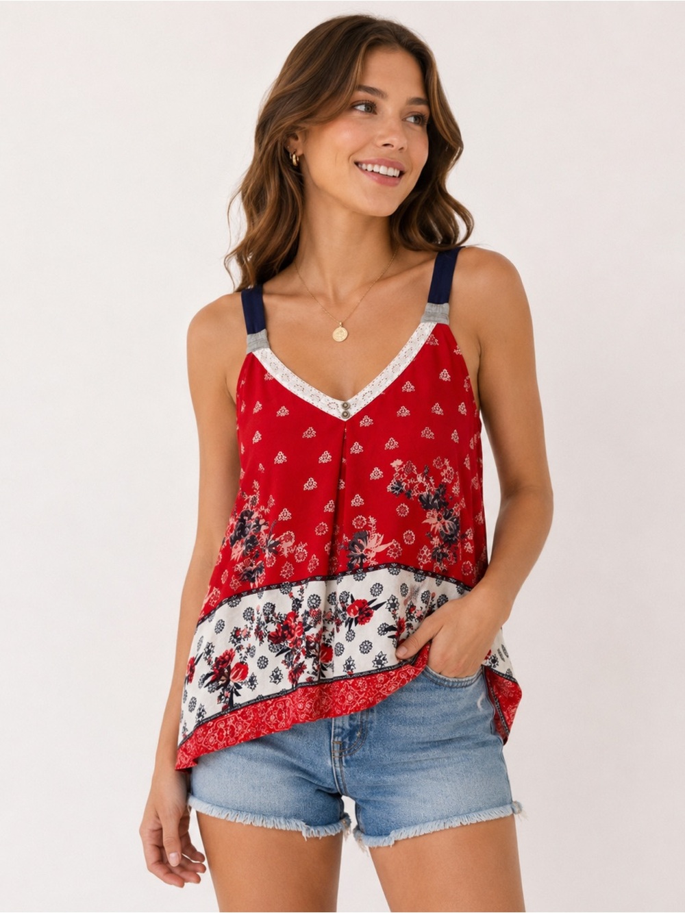 Jolt XS Red Floral Boho Tank Top Lace Trim Sleeveless Swing Tunic